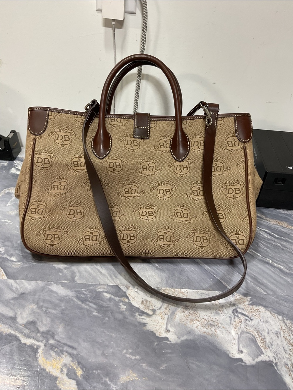 Dooney & Bourke Tan Canvas Logo Satchel with Brown Leather Trim - Picture 12 of 16